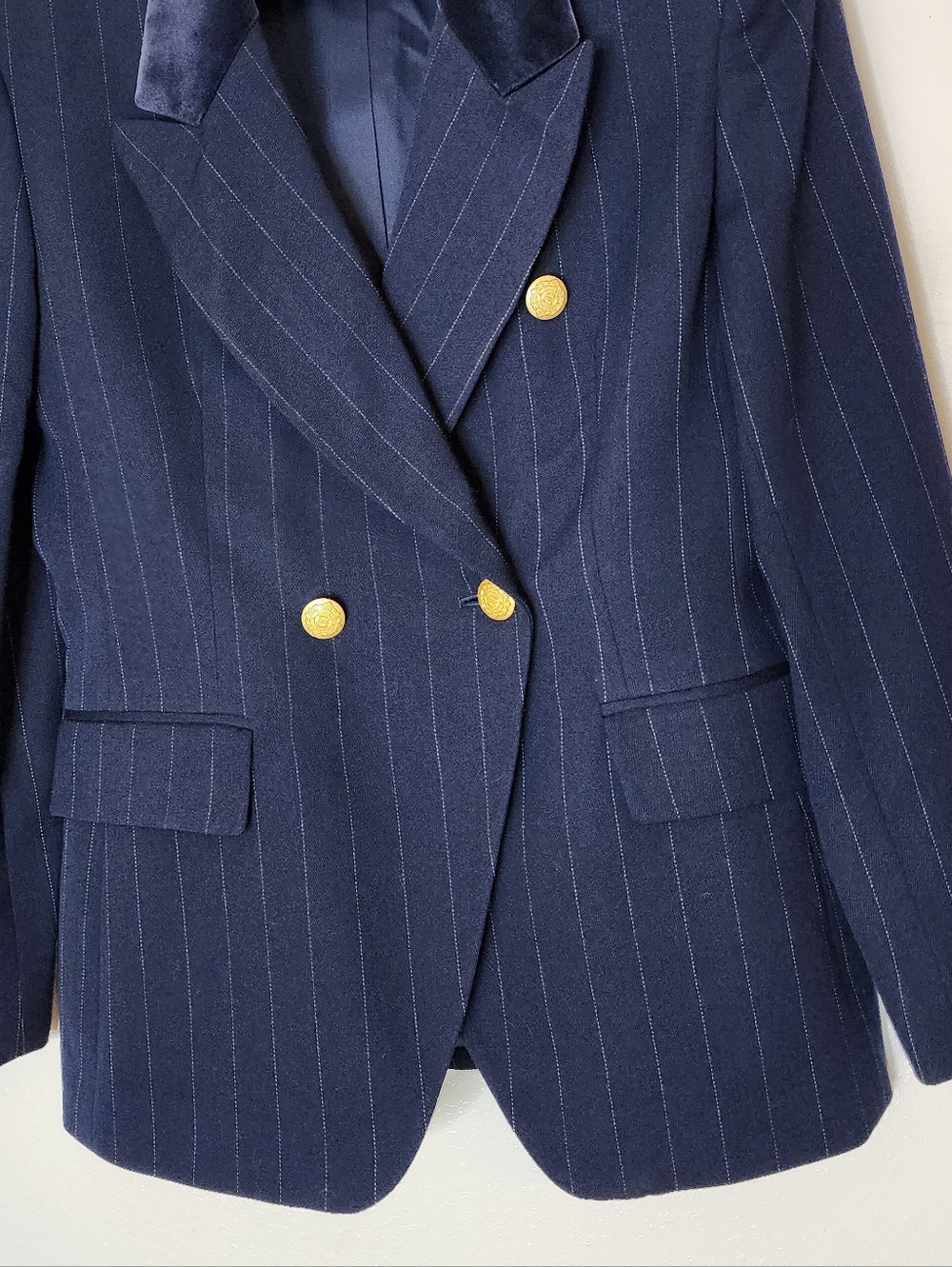 Jones New York Blazer Dsrk Blue Pinstripe Tailored Tuxedo Military Jacket Office - Picture 15 of 16